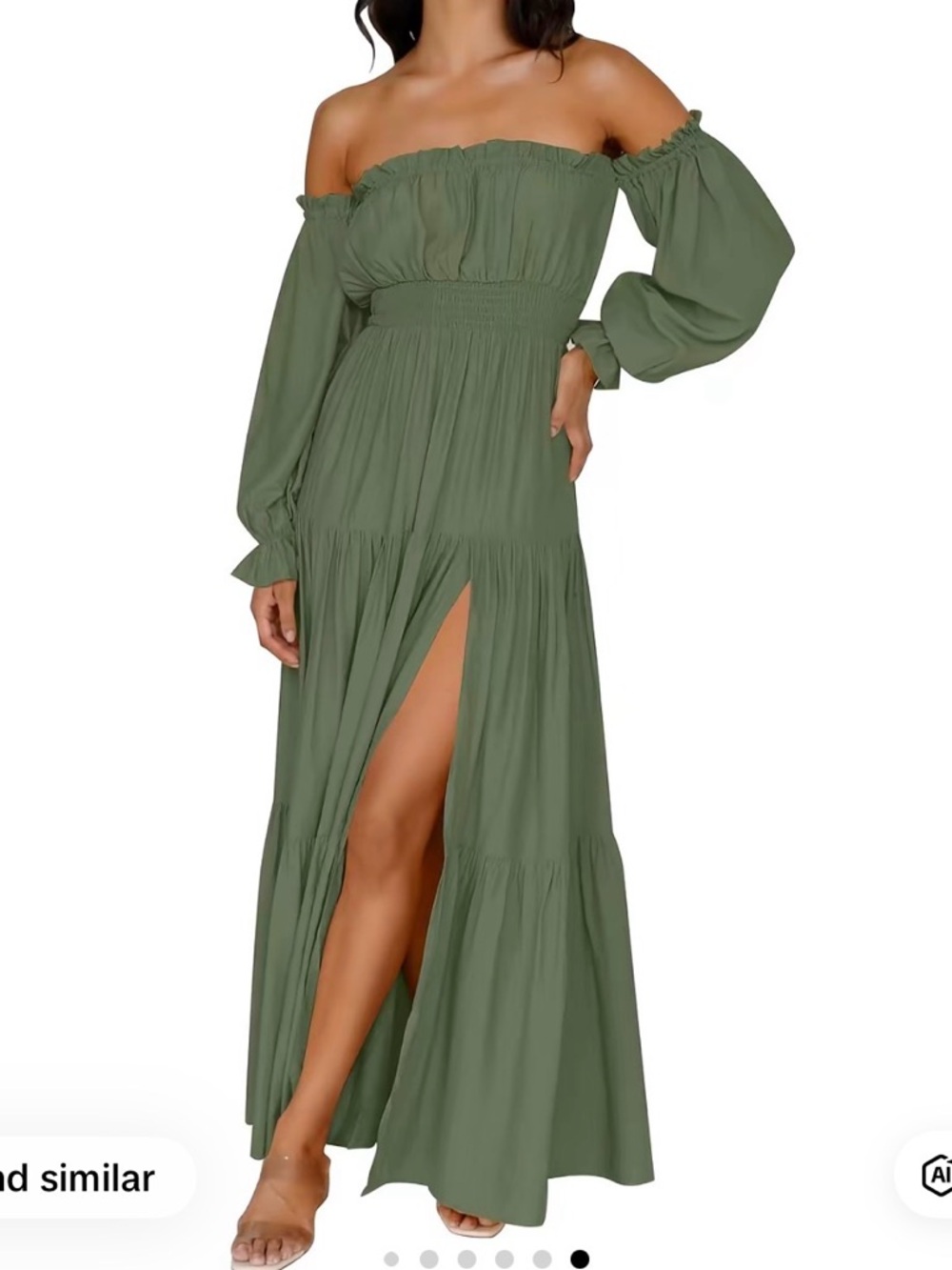 Smocked Waist Off-Shoulder Maxi Dress in Olive Green